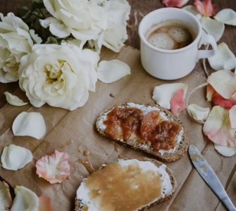 image of rose petal jam recipe with rose petals and afternoon tea