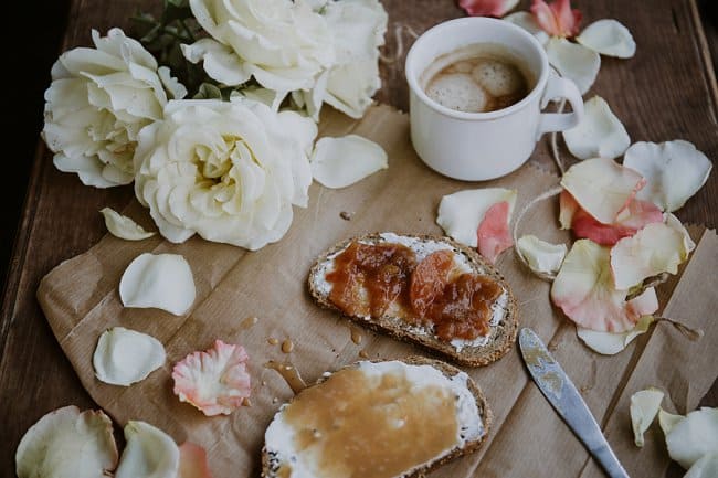 image of rose petal jam recipe with rose petals and afternoon tea
